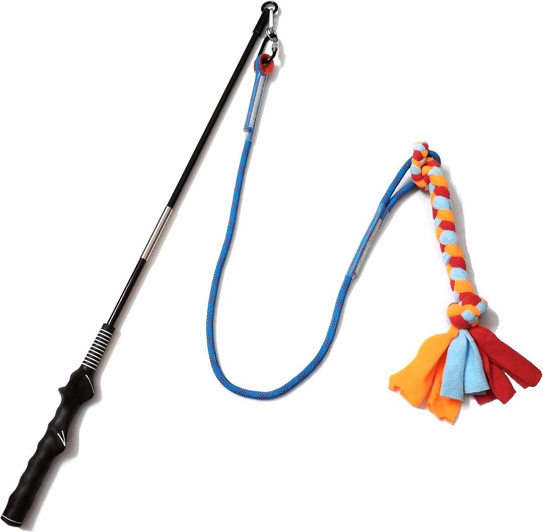 Interactive Flirt Pole Toy for Dogs Chase and Tug of War, Durable Teaser Wand with Pet Fleece Rope Tether Lure Toy to Outdoor Exercise & Training for Small Medium Large Dogs (Blue/Red, POLE-35 inches)