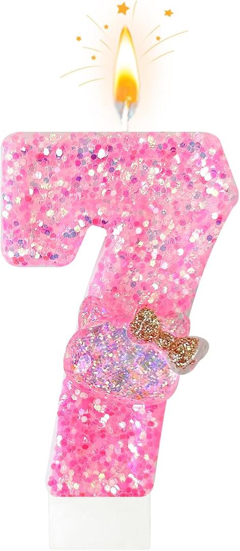 Pink Glitter Number 7 Birthday Candle  Sparkly Cat Cake Topper for Girls, Cute Pink Birthday Decoration for Kids and Family Celebrations