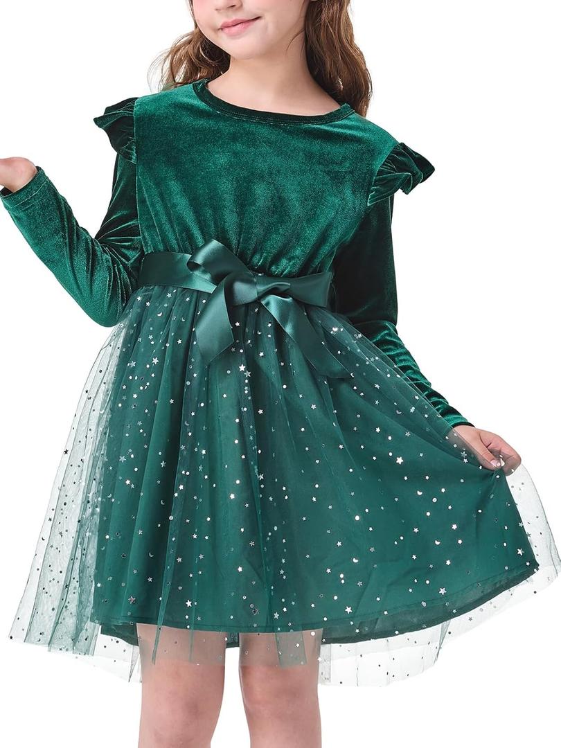 Toddler Girl Tutu Dress Long Sleeve Star Sequin Bowknot Velvet Party Tulle Dresses Princess Birthday  (3-4T, Dark Green)