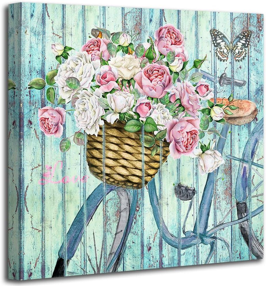 Anolyfi Bathroom Rustic Floral Print Wall Art Flowers Bicycle and Butterfly Canvas Painting, Vintage Scenery Aqua Picture Artwork Framed for Living Room Bedroom Kitchen Office Home Decor 20"x20"