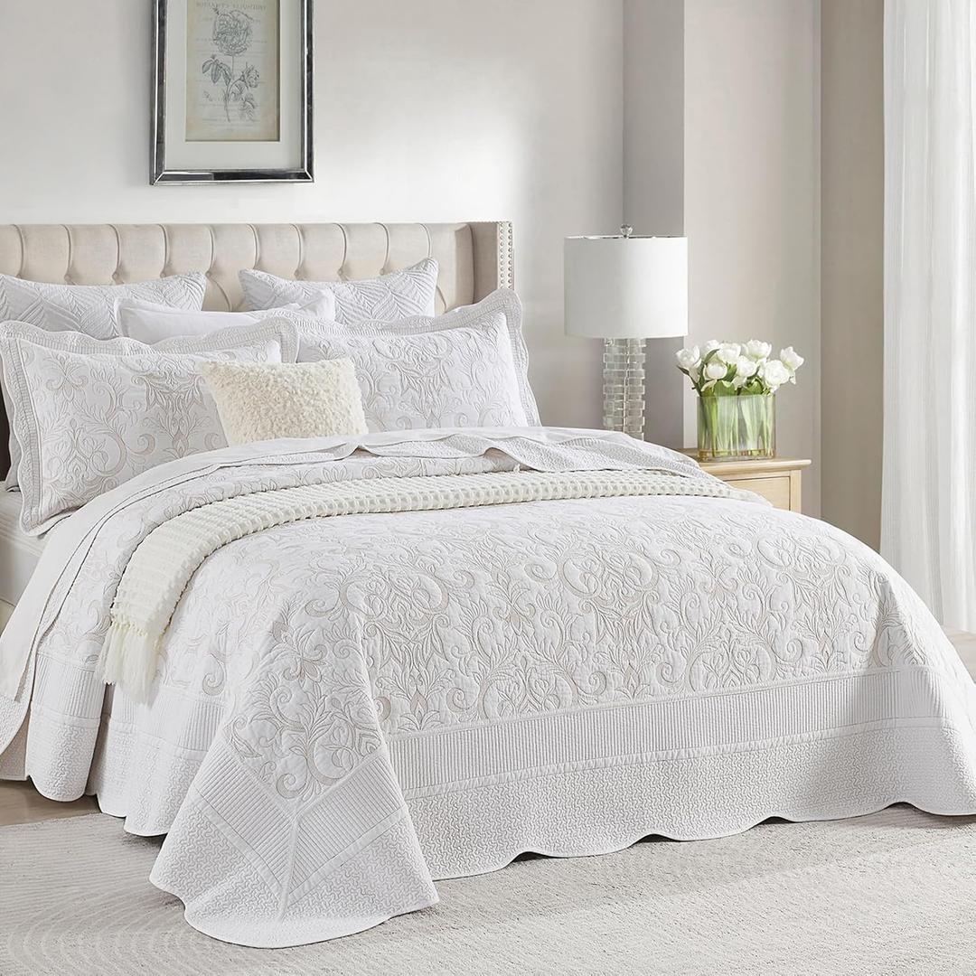 Finlonte Oversized Queen Bedspread 120"x102" - 100% Cotton Vine Embroidery Quilted Bedspread Coverlet, Lightweight Soft Extra Large Queen Quilt Set with 2 Pillowshams, White/Yellow
