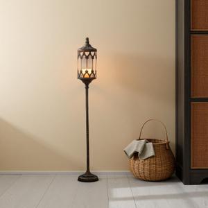 42" Tall Gothic Floor Candle Holder, Vintage Wrought Iron Candelabra with Ornate Cage Lantern, Antique Black Gold Pillar Stand for Home Decor, Wedding & Farmhouse Accent (A2870)