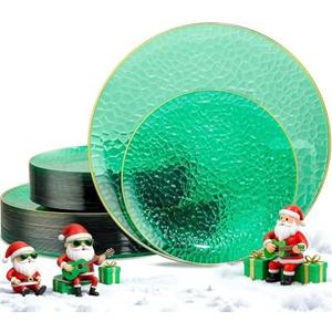 Hioasis 60pcs Green Plastic Plates - Gold Rimmed Disposable, Hammered, Heavy-duty Dinnerware Set Suitable for 30 Guests, 10.25" Dinner  Dessert Plates for Party & Wedding