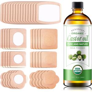 30Pcs Adhesive Castor Oil Patch with 7oz Organic Castor Oil Cold Pressed, Cotton Caster Oil Pack Wrap for Waist Back Neck Arm Belly