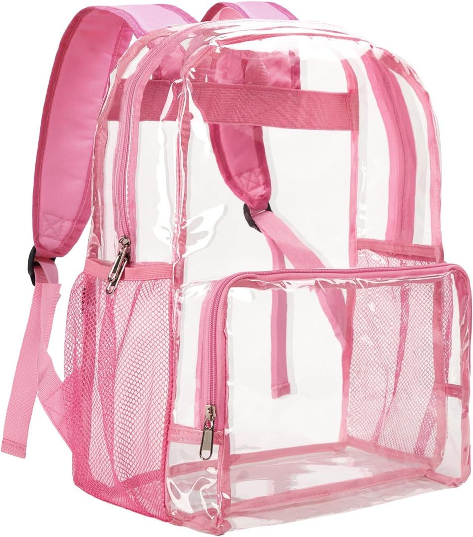 Vorspack Clear Backpack Heavy Duty - Large Clear Backpacks for School See Through Bookbag for Girls Boys Transparent Bag for Work, Concert, College - Pink