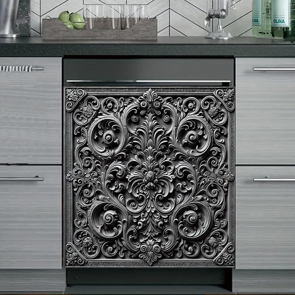 2D Flat Baroque Floral Dishwasher Magnetic Cover Strong Universal Panel Decal 23 x 26Inch Artistic Kitchen Appliance Magnet for Dishwasher Fridge Home Office Decor