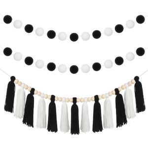 3 Pcs Black and White Tassel Garland Decor Pom Pom Tassel Garland Hanging String Decorations for Home School Classroom Decorations Birthday Party Supplies