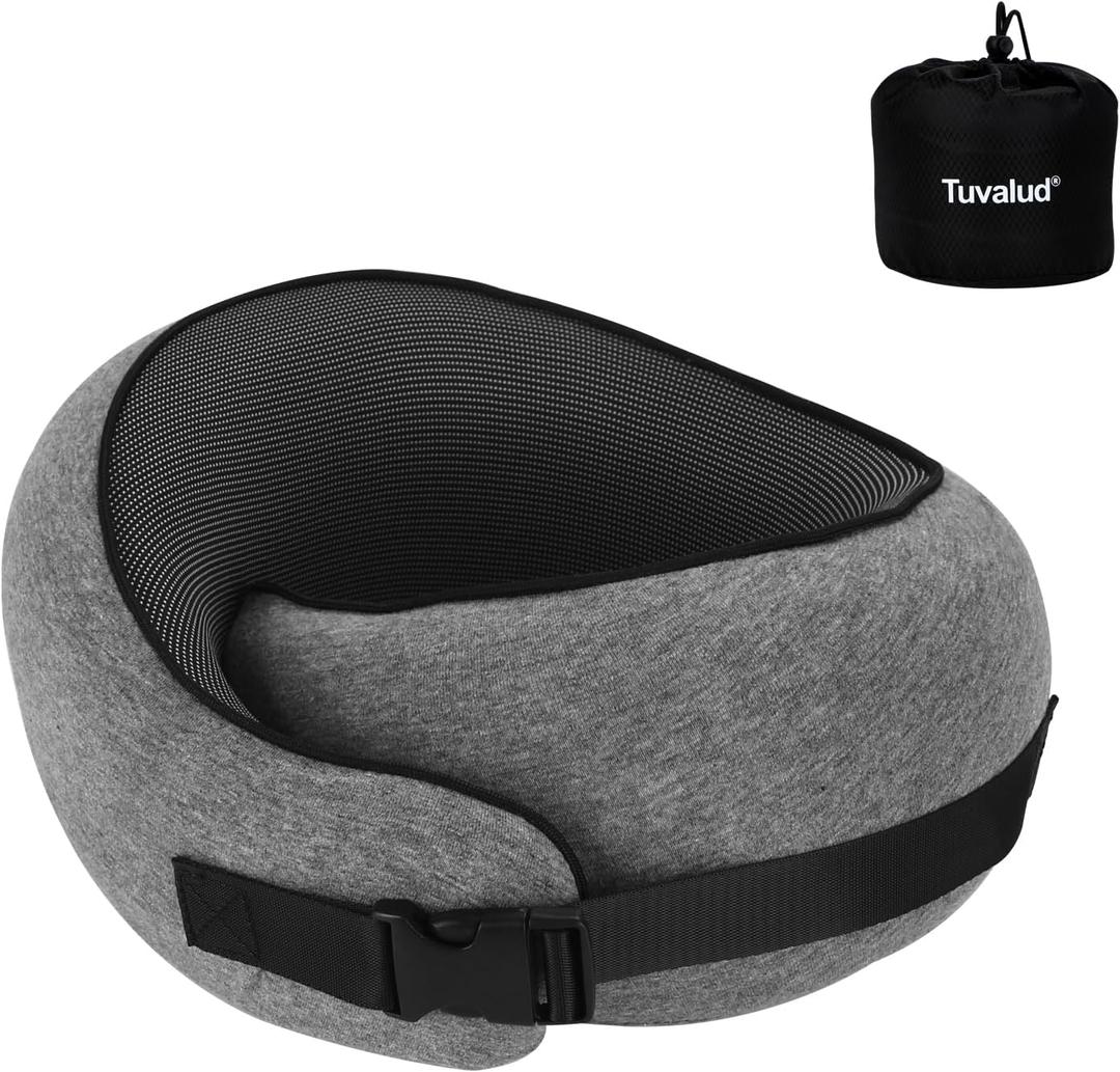 Tuvalud SnailShaped SnapOn Travel Neck Pillow  360° Surround Support, Memory Foam Travel Pillow with Adjustable Buckle for Airplanes, Cars & Office Naps (Gray)