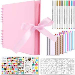 Gotideal 80 Pages Scrapbook Album with 10 Metallic Markers, Craft Paper Photo Album for Wedding and Anniversary, Family DIY Scrapbook Accessories with Scrapbooking Stickers Corners(Pink) (11.5*8.5 Inches 80Pages)