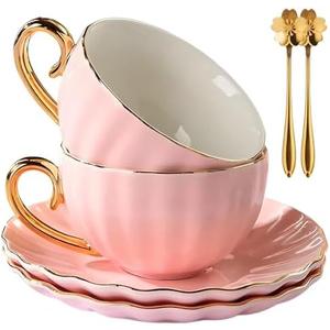 ICHAG Tea Cups and Saucers Set, Tea Cup Set, Cappuccino Cup, 7oz Vintage Porcelain Teacup and Saucer Set with Golden Spoon, Latte Cups, Coffee Cup Set for Women's Tea Party, Home Office Gifts 4Pc