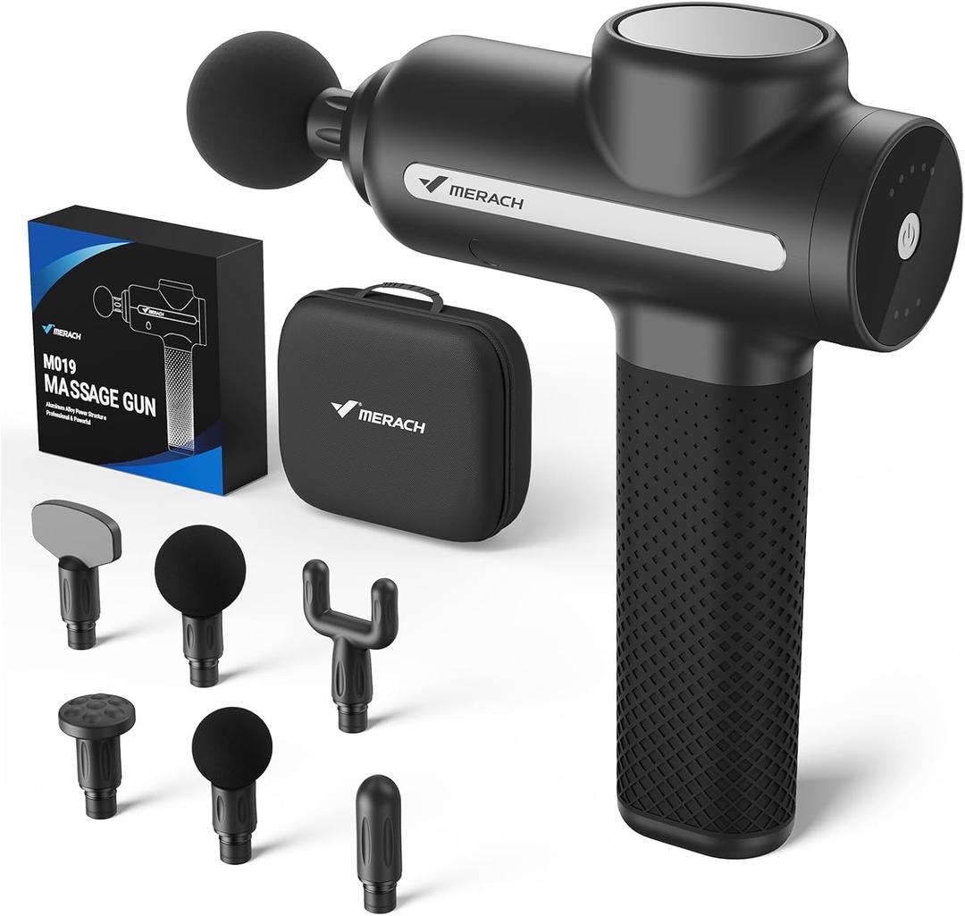 MERACH Pro-Grade Massage Gun, Quiet Massage Gun Deep Tissues, 12MM Percussion Massager Tools for Muscles/Shoulders/Legs/Body Pain Relief, Handheld Massager with 6 Heads & 5 Speeds, Gift for Him (Black)