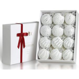 White and Silver Rustic Christmas Ball Ornaments, 3.15 inches Vintage Christmas Tree Decorations, 12 PCS Large Shatterproof Neutral Farmhouse Luxury Ornaments for Xmas Tree, Home Decor