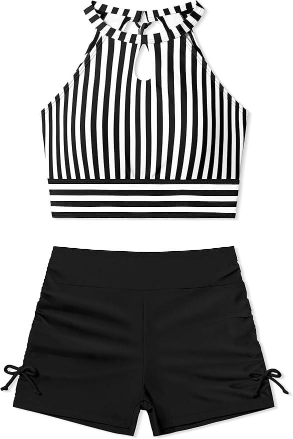 Girls Swimsuits Tankini Striped Halter Neck Cute Bathing Suits Swim Shorts 2 Piece Sets
for 13-14 y