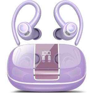 Wireless Earbuds Bluetooth 5.3 Headphones Sports, 48Hrs Playback Over Ear Buds with CVC8.0 Mic, Bass Stereo Bluetooth Earbuds with Earhooks, LED Display, IP7 Waterproof Earphones for Running Purple