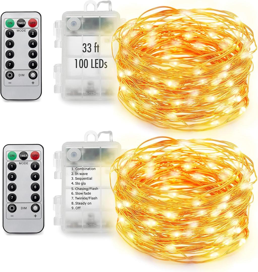 MUMUXI 1 Pack 33ft 100 LED Fairy Lights with Timer, Ourdoor Battery-Powered Twinkle and Remote Control, Christmas String Lights, Warm White Waterproof Decorative Lighting for Holidays and Events (2 Pack-33 Ft-100 LED)