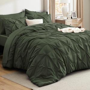 Bedsure King Size Comforter Set Olive Green - Bed in a Bag King Size 7 Pieces, GentleSoft™ Pintuck Bed Set Gift for Family, Pinch Pleat Olive Green Comforter with Sheets, Pillowcases & Shams
