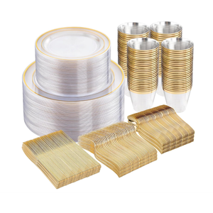 WELLIFE 600pc Gold Trim Plastic Dinnerware Set for Party: 100 Dinner Plates, 100 Dessert Plates, 300 Cutlery, 100 cups
