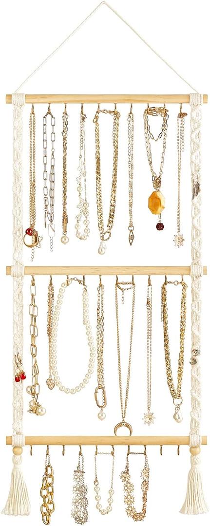 Dahey Hanging Jewelry Organizer Macrame Necklace Holder with 30 Hooks Wall Mounted Jewelry Hanger Over Door Necklace Rack with Tassel for Necklace Bracelet Earring Headband Bow Organizer