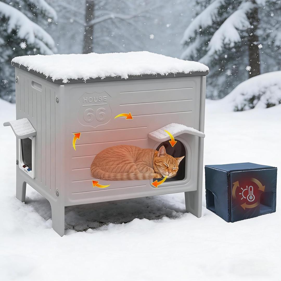 Deblue Outdoor Cat House with Insulated Liner, Large Weatherpoof Plastic Insulated Cats Houses with Escape Door Indoor Waterproof Feral/Pet Cat Shelter Outside for Puppy, Rabbit for Winter,Grey