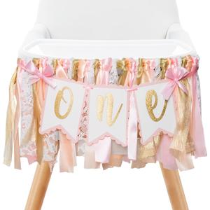 Pre - strung Pink Highchair Banner - 1st One Birthday Highchair Banner for Princess Girls ONE Baby Shower Room Party Decor
