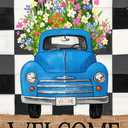 Garden Flag 12x18 Double-Sided Spring Decoration Vintage Blue Truck with Colorful Flowers, Welcome Checkered Backdrop Sign for Seasonal Yard and Outdoor Dcor