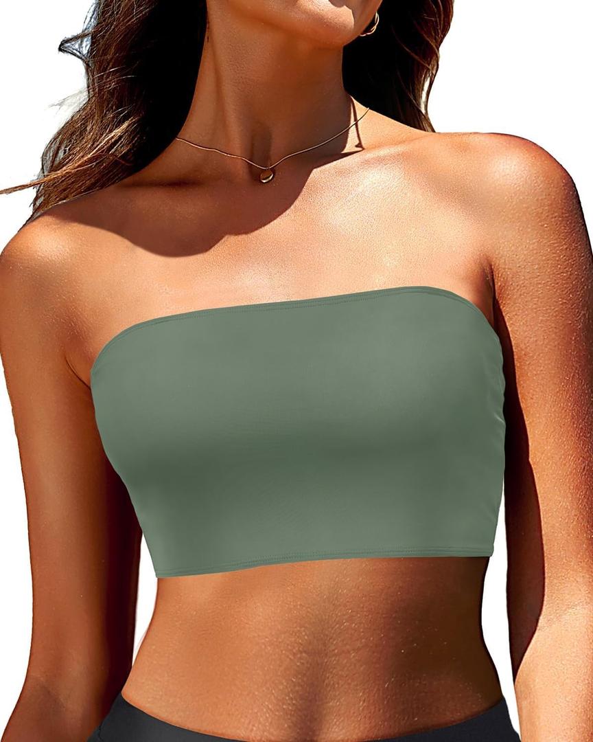 Bandeau Bikini Tops for Women - Strapless Swim Top Bathing Suit Tube Swimsuit Tops Army Green M