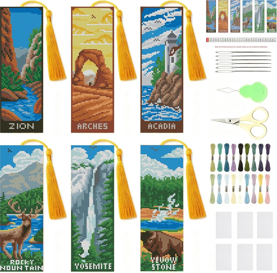 NEGEKFKX 6 Pcs National Park Cross Stitch Bookmark Kit for Adult Beginners,Cross Stitch Kits 14 CT DIY Crossstitch Kits Adult Stamped Bookmark Embroidery Bookmarks Kit