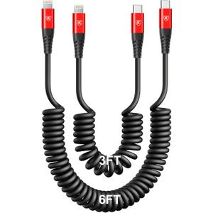USB Type C to Lightning Cable [3FT/6FT], 2Pack Coiled iPhone Charger Cable Fast Charging for Car [Apple MFi Certified] Short USBC iPhone Cord Compatible with iPhone14/13/12/11/8/Plus/iPad/CarPlay-Red