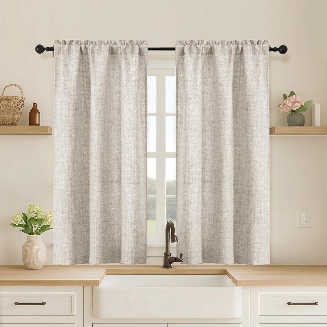 OVZME Cafe Curtains 45 Inch Length 2 Panels, Thick Textured Kitchen Door Curtains, Semi Privacy Light Filtering Half Short Bedroom Curtains for Small Window Living Room Dining, 2x30Wx45L, Linen Color