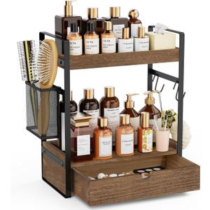 2-Tier Bathroom Counter Organizer with Drawer Basket and Hooks, Wood Bathroom Organizers and Storage for countertop, Farmhouse Dark Brown Countertop Organizer, Counter Shelf for Vanity Kitchen Office