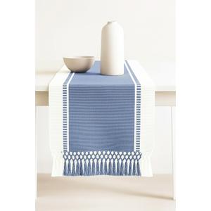 PurpleEssences Table Runner - Wide with Dobby Stripe, Heavy Ribbed Weave & Double Knot Fringes, 14x72 Inch (14x77.5 with Fringes) Farmhouse Decor Spring Easter Summer - French Blue and H.White