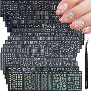 90 Sheets Silver Nail Art Stickers Holographic Laser Silver Nail Decals 3D Self Adhesive Nail Stickers for Nail Art Designs Star Line Flower Nails Supplies for Women Nail Decoration with Nail Tweezer (Style-b)