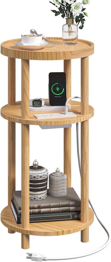 SANYOUNG Small Round Side Table with Charging Station for Small Spaces, 3-Tier Solid Wood End Table, Compact Sofa Table Bedside Tables for Living Room, Bedroom, Apartment, Natural