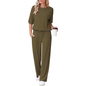 AOHITE Womens 2 Piece Outfits Lounge Sets Short Sleeve Pullover Tops Elastic Wide Leg Pants Set Sweatsuits Tracksuit (Large, Pickle Green)
