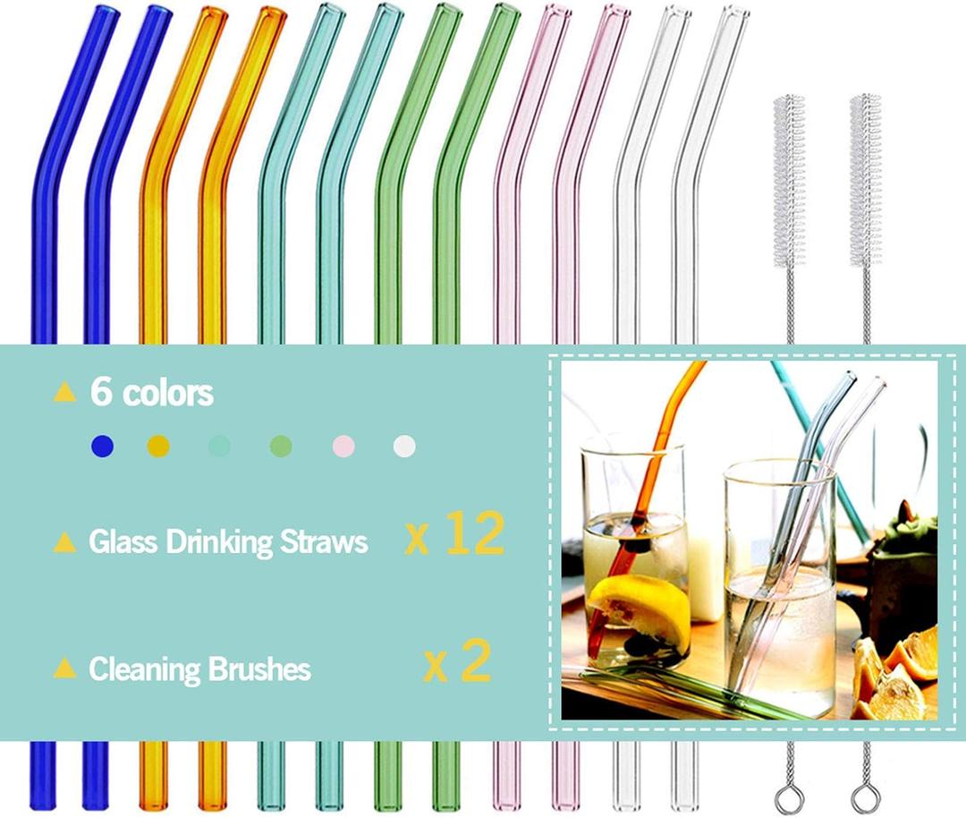 Reusable Bent Glass Drinking Straws,Set of 11 Bent Straws With 2 Cleaning Brushes,Shatter Resistant,Non-Toxic,Eco Friendly Reusable Straws (Multi-Color 11 Pack)