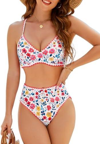 Jolefille Women High Waisted Bikini Sets-Tummy Control Swimsuit 2 Piece Bathing Suit Full Coverage Teens Underwire Top Floral, Size M