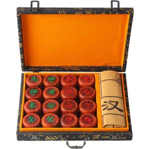 Wowwoody 1.88inch Mahogany Chines Chess Gift Box Set Xiangqi  Chines Traditional Xiangqi Classic Educational Strategy Board Games 2 Players Travel Game Set with Wooden Box and Leather Chessboard