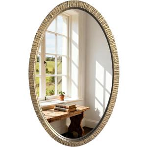 Oval Gold Wall Mirror 32"x20", Rustic Textured Mental Frame Decorative Mirror, Vintage Farmhouse Accent Wall Mounted Mirror for Bathroom, Living Room, Entryway Decor