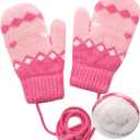 Toddler Warm Knit Mittens for Kids Girls Boys 3-5T | Soft Thick Faux Plush Lined, Windproof Elastic Cuffs, 31.5" Neck Lanyard, Easy Wear, Winter Gloves, Cold Weather Use