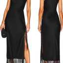 Aigeman Women Vintage Flapper Dresses 1920s Great Gatsby Halter Fringed Maxi Dress Tassels High Split Formal Dress M