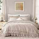 Andency Tan Gingham Ruffle Comforter Set California King, 3 Pieces Lightweight Fluffy Farmhouse Shabby Chic Plaid Bedding Sets, Soft Polyester All Season Cal King Bed Sets (104x96Inch)