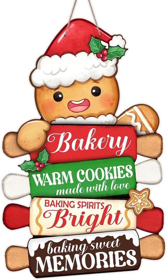 Christmas Gingerbread Man Front Door Sign, Xmas Cookie Baking Spirits Bright Wood Hanger Bakery Home Kitchen Decor, Winter Holiday Rolling Pin Wooden Wreath Indoor Wall Hanging Decoration