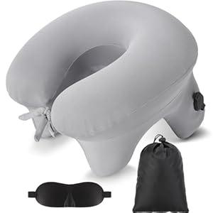 Geelin Inflatable Travel Pillow for Airplane Lightweight Inflatable Neck Supports Head and Chin with Compact Bag and Blindfold U Shaped Pillow for Traveling, Train, Car, Office Table(Grey)