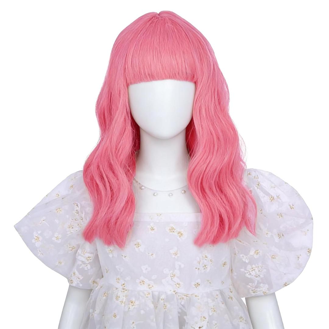 Pink Wig with Bangs Short Lovely Pink Wavy Curly Wigs Light Pink Wig Synthetic Cosplay Hair Wig