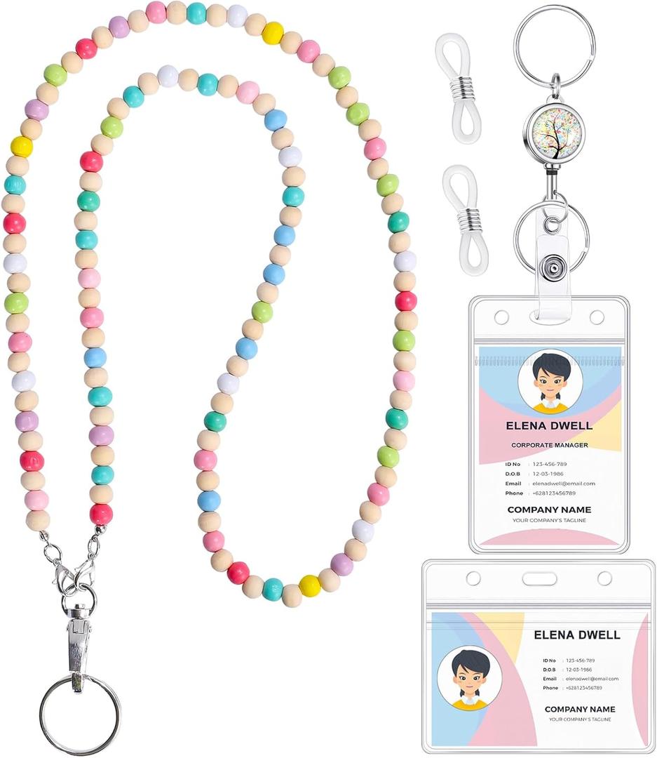 Lanyards for ID Badges Teacher Gifts Cute Wooden Beaded Lanyard with ID Holder Retractable Badge Reel Keys Eyeglass Chains for Women (Colorful)