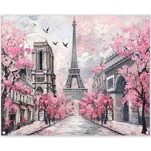 2D Spring Paris Eiffel Tower Backdrop Blurred Oil Hand-Painted Style Pink Cherry Flowers European City Landscape Photography Background Party Decorations Photo Banner 10x8ft