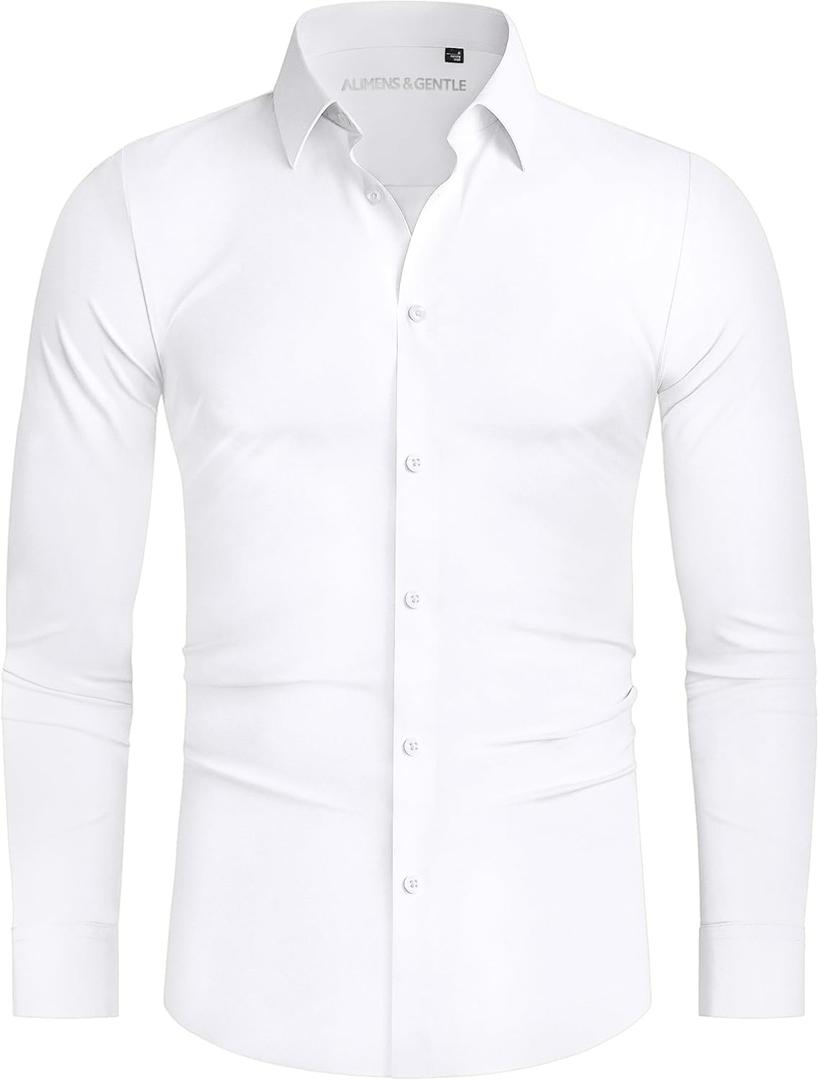 Alimens & Gentle Stretch Mens Dress Shirts Slim Fit Long Sleeve Casual Skinny Muscle Fit Wrinkle Free Button Down Shirt (XX-Large, White)