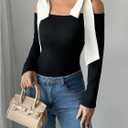 Women's Bow Knot Shoulder Colorblock T Shirt Long Sleeve Slim Fit Elegant Tee Tops (Large, Black)