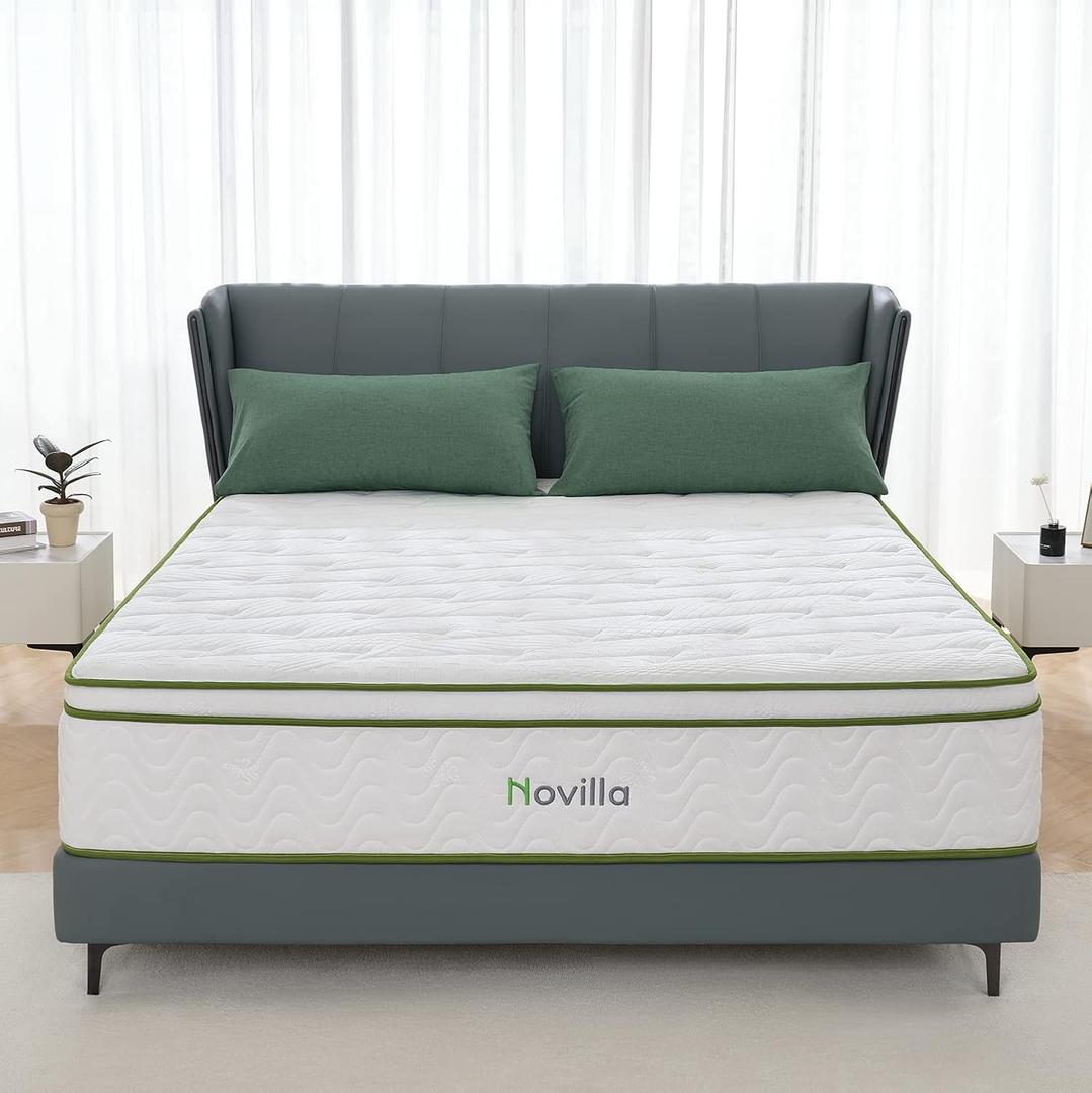 Novilla Queen Size Mattress 10 Inch Hybrid Mattress with Memory Foam & Pocketed Coil for Durable Support & Motion IsolationMedium Soft Queen Mattress in a Box Amenity (White)