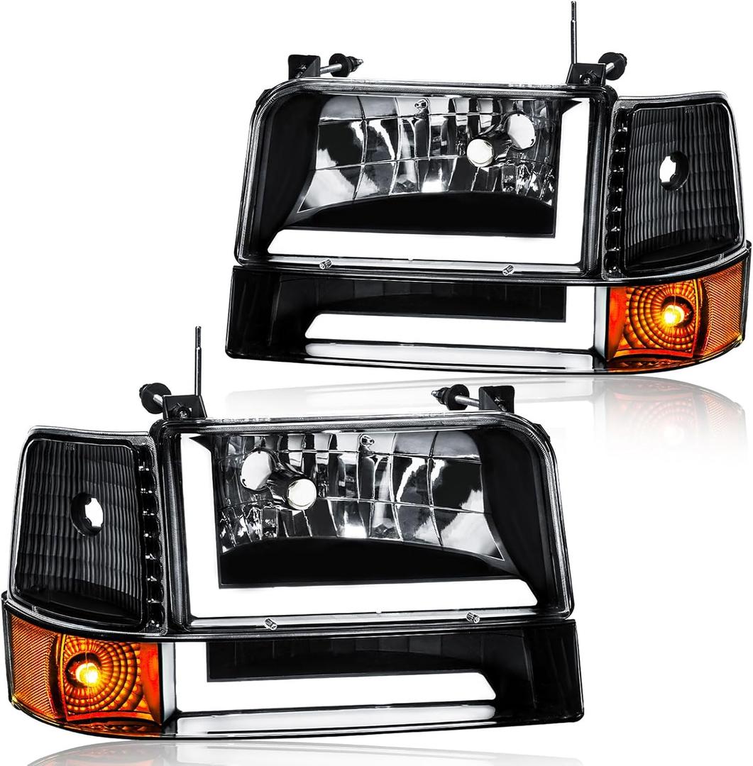 LED DRL Headlight Assembly, Headlights Kit Compatible with 1992-1996 Ford F150 F250 F350/1992-1996 Bronco Replacement Headlamp Black Housing Amber Reflector